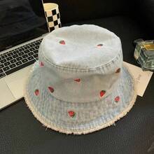 3pcs Light Blue Denim Women's Bucket Hat, Embroidered Floral Frayed Edge Bucket Hat, Big Head Friendly Slimming Face Sun Protection Bucket Hat - Multicolor - View 7