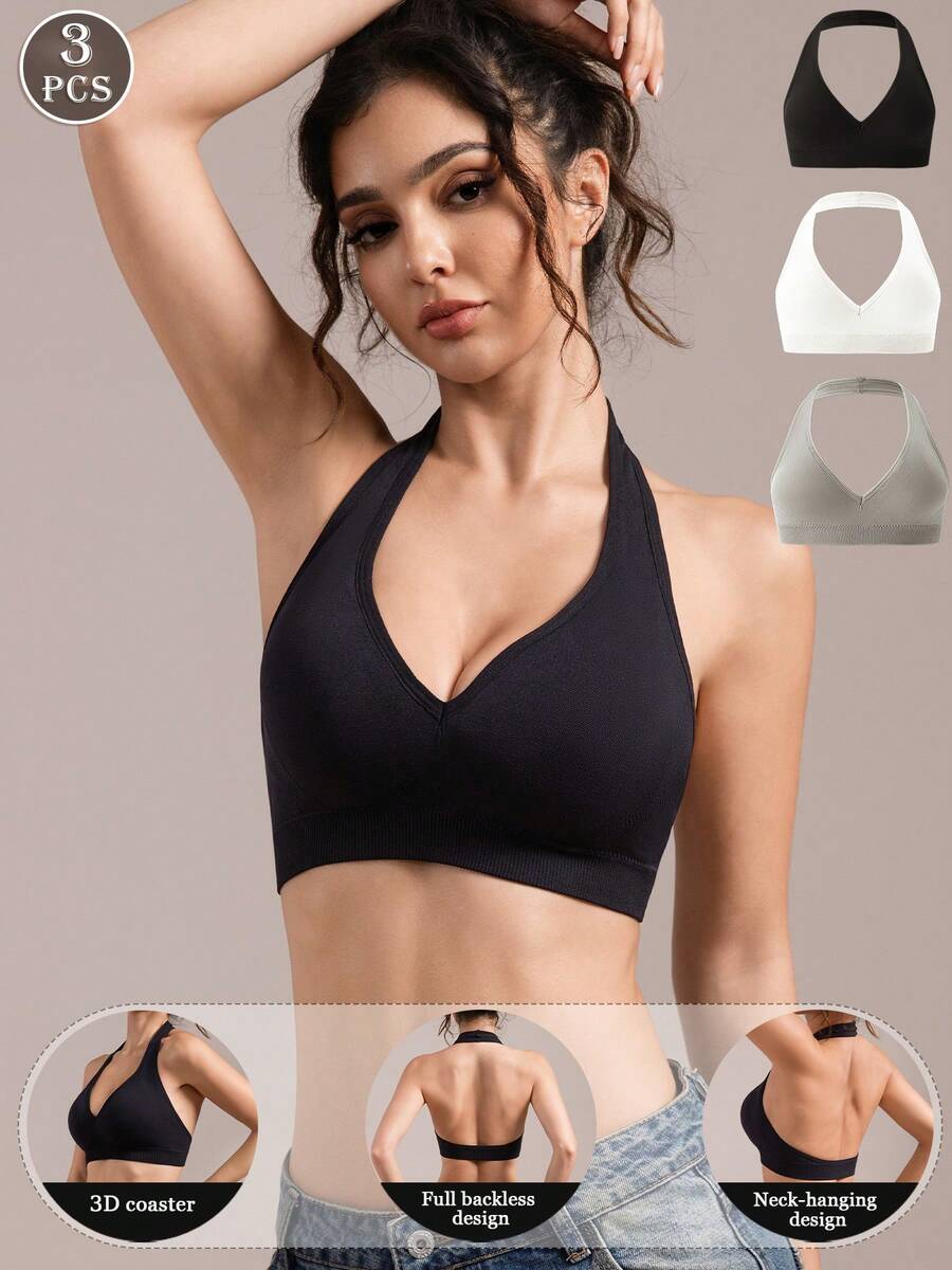 3PCS Halter Neck Wireless Bralette, Ribbed Seamless Deep V Crop Bra For Yoga, Layering & Daily Wear - Multicolor - View 1