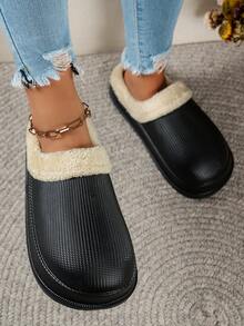 Women's Fashionable Versatile Outdoor Commute Home Closed-Toe Comfortable Warm Slippers, Autumn/Winter - Black - View 3