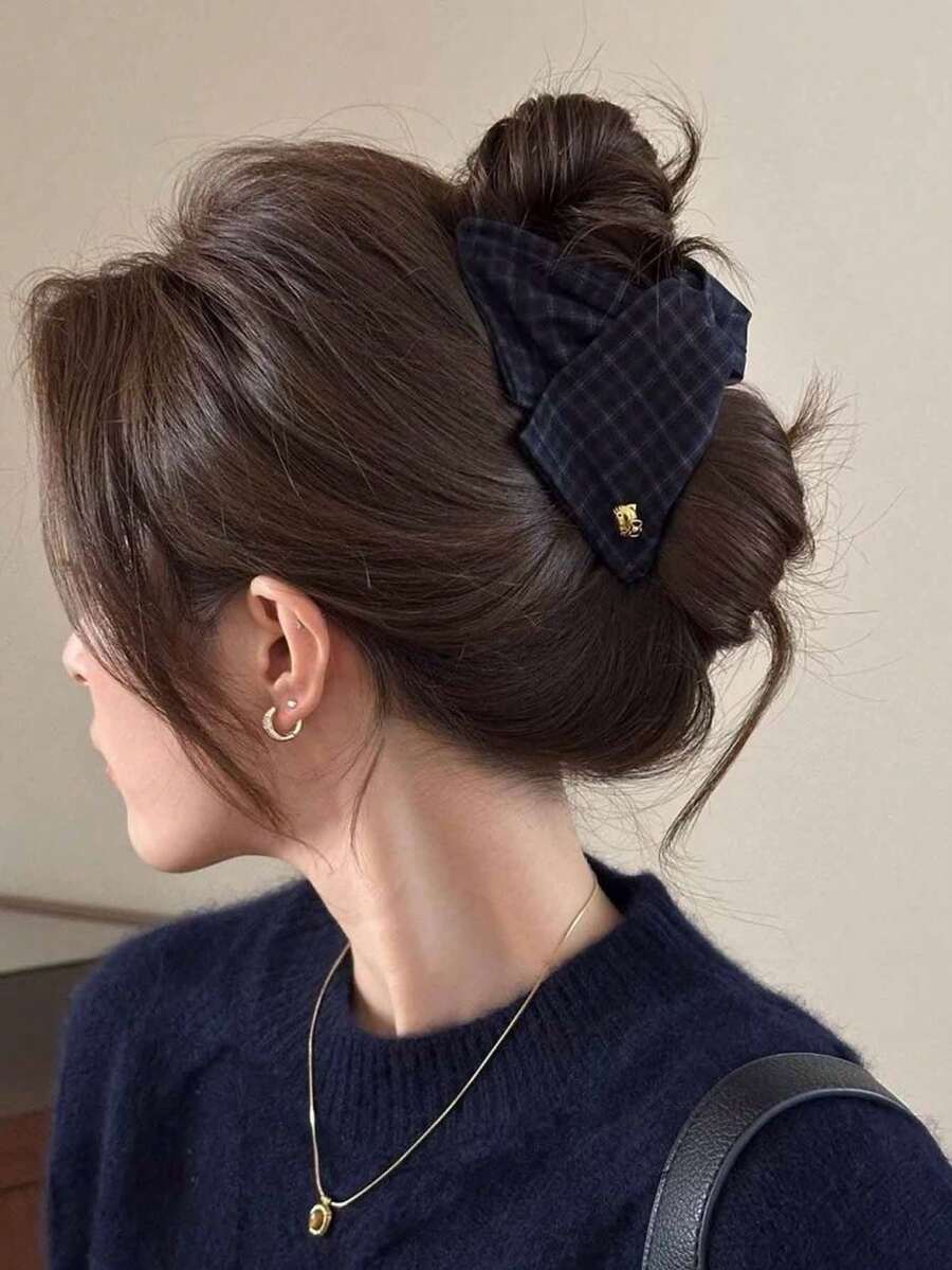 1pc Women's Deep Blue Plaid Triangle Hair Claw Clip Suitable For Thick Hair High-End Hair Claw For Back Of Head - Navy Blue - View 1