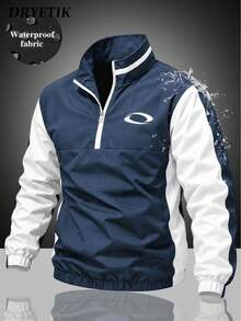 Men's Colorblock Half-Zip Stand Collar Pullover Windbreaker Jacket, Functional Half-Open Front Jacket With Curved Logo Embroidery And Elastic Cuffs, Casual Sports Top For Spring And Autumn - Navy Blue - View 1