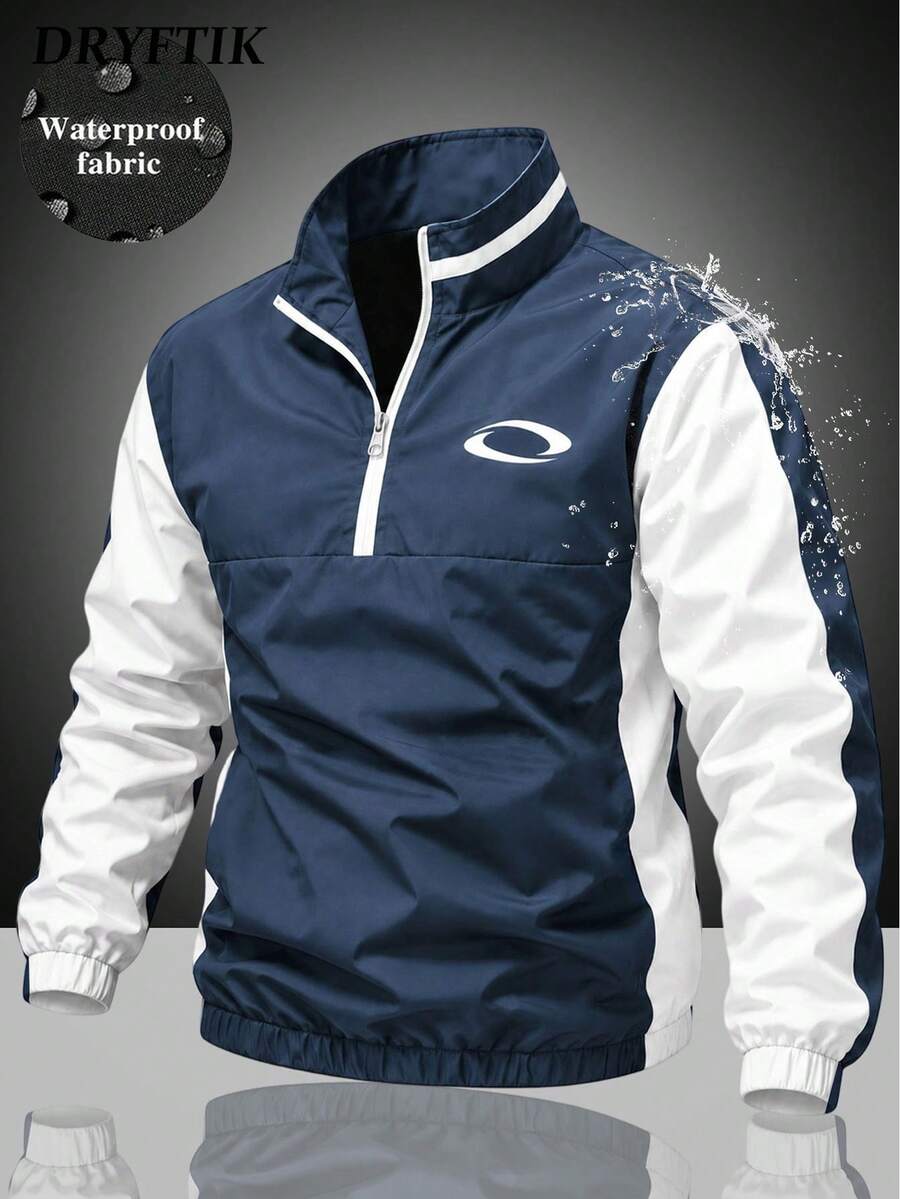 Men's Colorblock Half-Zip Stand Collar Pullover Windbreaker Jacket, Functional Half-Open Front Jacket With Curved Logo Embroidery And Elastic Cuffs, Casual Sports Top For Spring And Autumn - Navy Blue - View 1