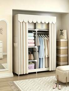 Off-White Striped Simple Fabric Wardrobe, Compatible With Plastic Hangers, Side Mesh Pocket, Metal Frame With Foot Pads, For Bedroom Clothes Storage, Dustproof & Bedroom Organization - Multicolor - View 2