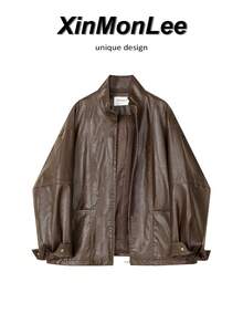 American Vintage PU Leather Jacket Zipper Jacket, College Style, Vacation, Daily, Spring/Autumn, Casual, Elegant - Coffee Brown - View 1