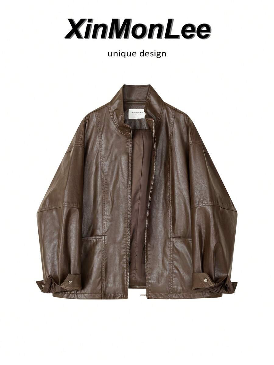 American Vintage PU Leather Jacket Zipper Jacket, College Style, Vacation, Daily, Spring/Autumn, Casual, Elegant - Coffee Brown - View 1