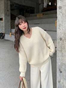 Women's Ribbed Knit V-Neck Long Sleeve Regular Fit Sweater, Autumn/Winter Fashion Top - Apricot - View 3