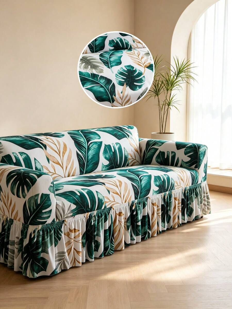 1pc Tropical Banana Leaf Southeast Asian Style Ruffled Sofa Cover Geometric Pattern Printed Living Room Elastic Spandex Sofa Protector Full Cover For L-Shaped Chaise Lounge Sofa Cushion 1/2/3/4 Seater