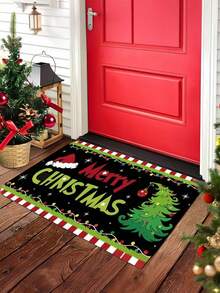 1pc Red And White Striped Christmas Hat And Christmas Tree Design Welcome Mat - Non-Slip, Machine Washable, Suitable For Entrance Door, Bathroom, Kitchen, Bedroom, Laundr - Green - View 5