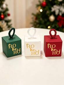 10Pcs Christmas Cube Gift Boxes With Rope Loop Handle, Red Green White And Kraft Paper Favor Boxes, Mini Holiday Gift Packaging For Cookies, Candy, Small Gifts, Christmas Tree Decorations, Party Favors, Easy To Assemble - Multicolor - View 2