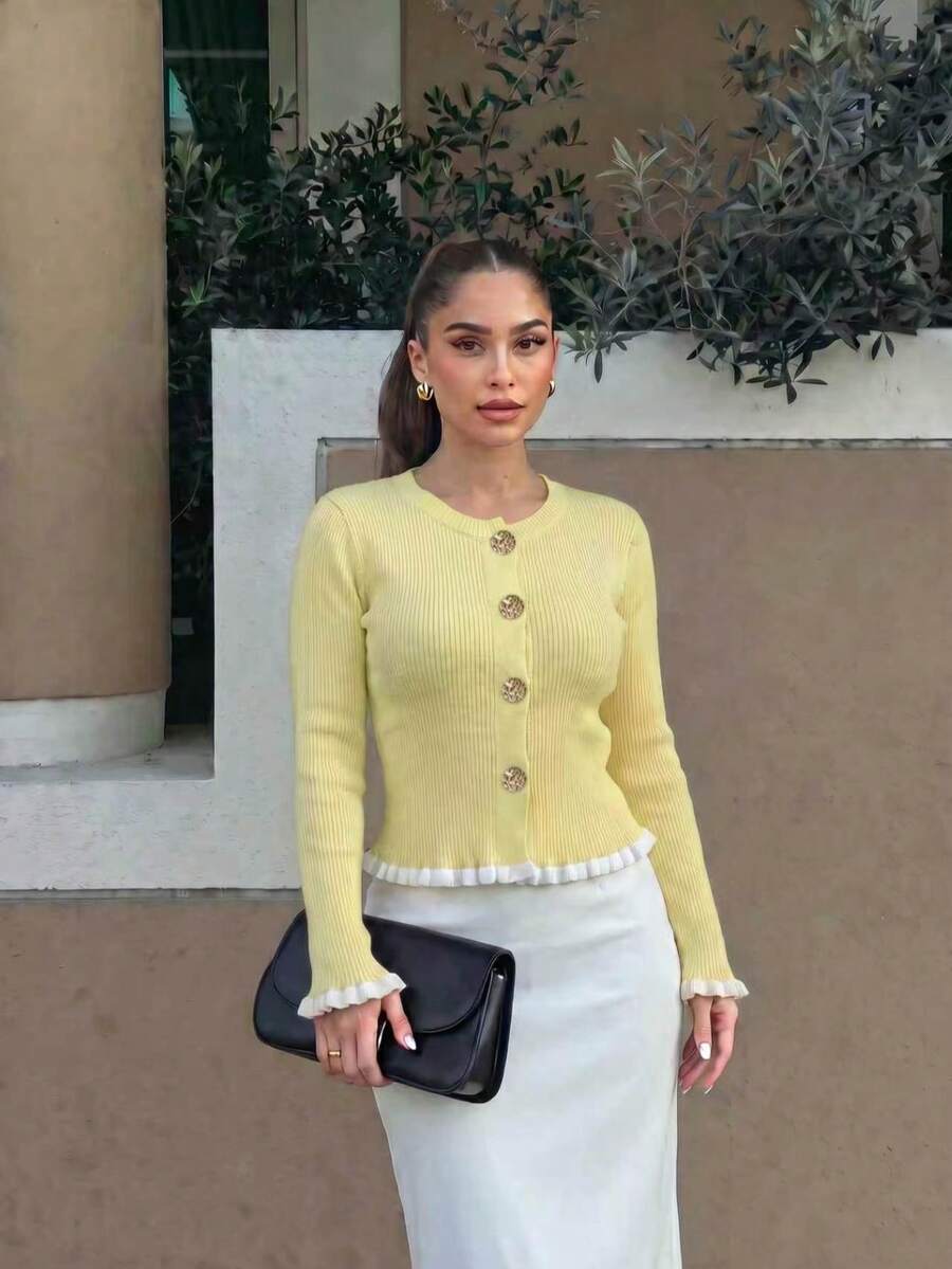 Women's Yellow Gold Button Front Ruffle Knit T-Shirt, Elegant Autumn/Winter Style - Yellow - View 1