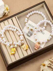 1 Cute Cat Necklace, Pearl Beaded Cat Collar, Cartoon Cat Charm Pet Jewelry, Cat Stuff For Small Cats Daily Wear & Photo Decor - Multicolor - View 6