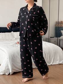 Elegant Printed Women Long Sleeve Pants Pajama Set Soft Comfortable Home & Streetwear - Black - View 5