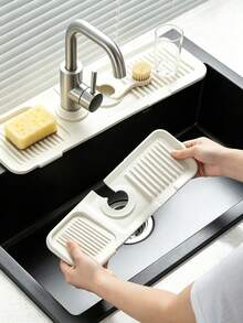 2pcs/1pc Foldable Silicone Sink Drain Mat, Multi-Functional Retractable Draining Board, Kitchen Essential For Small Apartments, With Round Hole To Fit Faucet, Textured Ridges For Fast Drainage And No Water Accumulation, Waterproof And Non-Slip, Multi-Purpose. Can Be Used As Dish/Fruit/Vegetable Washing Station, Dish Soap/Sponge Storage Mat, Craft Anti-Stain Mat, Coffee Bar Drip Tray, Makeup Brush Drying Mat. Soft And Foldable, Can Be Hung For Storage After Use, Space-Saving, Fits Most Sinks, Perfect For Singles, Cleanliness Enthusiasts, And As A Gift. - White - View 7