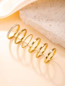 6pcs Fashionable Luxury Geometric Rhinestone & Starry Stainless Steel Rings, Suitable For Women's Daily Wear Or Party - Gold - View 5