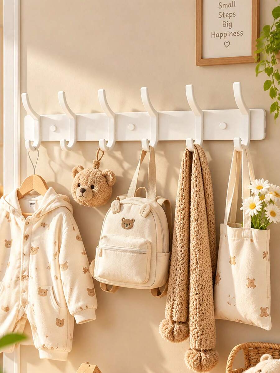 6 Hooks Wall Mounted Storage Rack, Nursery Room Organizer, Baby Room Clothes Hanger, Coat Hat Towel Holder, Space Saving Home Storage - Hook Up - View 1