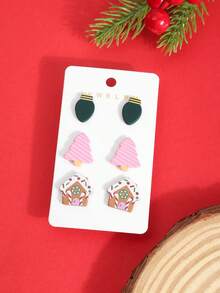 1 Set Christmas Lights Pink Christmas Tree House Print Minimalist Personalized Cute Elegant Earrings - Multicolor - View 3