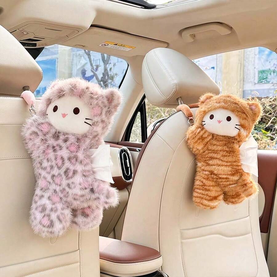 Leopard Print Cat Car Tissue Box, Hanging Plush Doll Tissue Holder, Suitable For Car Seat Armrest Interior Decoration, Multi-Functional Car Tissue Storage Box