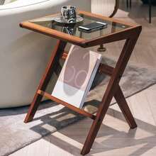 Mesa auxiliar en forma de Z, mesa auxiliar con parte superior de vidrio templado, mesa auxiliar moderna de madera maciza para sofá, sala de estar, mesa en Z, nogal - Negro - Ver 1