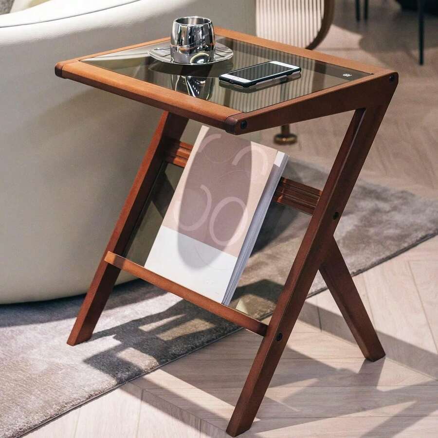 Mesa auxiliar en forma de Z, mesa auxiliar con parte superior de vidrio templado, mesa auxiliar moderna de madera maciza para sofá, sala de estar, mesa en Z, nogal - Negro - Ver 1
