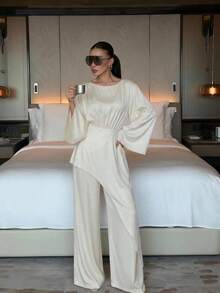 Women's Elegant Long Sleeve Round Neck Woven Jumpsuit - Apricot - View 3