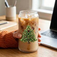16oz Christmas Tree Pattern Glass Cup With Lid And Straw, Reusable Glass Water Cup, High-Quality Glass Jar Design, Suitable For Iced Coffee, Beer, Juice, Milk, Cold Drinks, Fashionable Glassware. Perfect Gift For Holiday Lovers - Multicolor - View 4