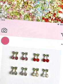 10pcs Nail Art Y2K Nail Accessories For Autumn And Winter, Sweet And Cool Style, Exquisite Three-Dimensional Cherry Sparkling Pink Nail Gemstones, Nail Rhinestones For DIY Nail Shops, Suitable For French Nails - Multicolor - View 3