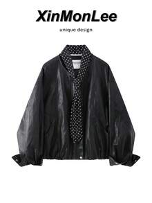 Hong Kong Style Retro Polka Dot Ribbon Leather Jacket Zipper Coat For Evening Date, Vacation, Daily Wear, Spring And Autumn Casual - Black - View 1