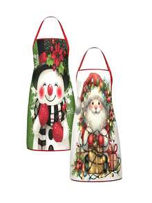 2Pcs Christmas Kitchen Aprons, Cute Snowman And Santa Claus Wreath Gift Box Print Adjustable Bib Apron, Waterproof Cooking Baking Apron For Xmas Holiday Party Decor Christmas Gift - Multicolor - View 10