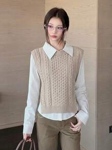 Women's Sleeveless Round Neck Ribbed Knit Sweater Vest, Fashionable Retro Style, Regular Fit Basic Layering Top - Khaki - View 2