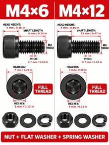 10/20/50 Set Baut Kepala Soket Heksagonal M3/M4 dengan Mur, Ring Pipih & Ring Pegas, Baut Metrik Berulir Penuh Warna Hitam, Berbagai Panjang 6–20mm untuk DIY, Furnitur, Mesin & Perbaikan Rumah - 20 Set - View 9