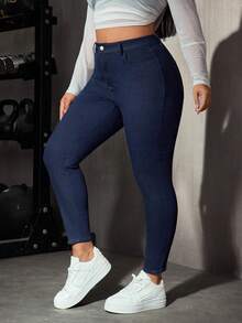 ALO FASHION Jeans pitillo de talla grande para mujer en lavado oscuro, pantalones largos de mezclilla con botones y bolsillos, versátiles para el otoño - Azul - Ver 2