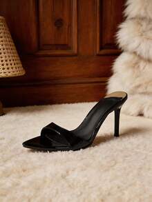 Black Patent Leather Pointed Stiletto Mule Slides, Backless Open Toe Slip On Sandals, Fashion Sexy Heels For Club Banquet - Black - View 10
