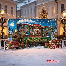 1pc 2D Flat Banner, Christmas Party Face Cutout Photo Booth Banner, Winter Snow Scene Steam Train Hollow Portrait Frame, Colorful Lights Christmas Tree Teddy Bear Gift Full Print, Three Hollow Portrait Frames, Santa Claus Elf Reindeer Riding Candy Train Print, Vibrant Festive Style, Polyester Material, Perfect For Holiday Party Photo Prop Decoration - 1 - View 8