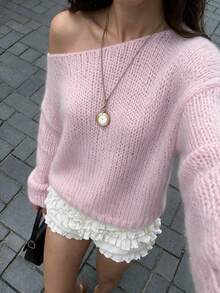 GLAMMY Early Autumn Korean Pure Desire Style Slightly Sheer Knit Top, Lazy Hollow Mesh Boat Neck Off-Shoulder Loose Lantern Sleeve Cover-Up Sweater, Gentle Vacation Vibe Date Outfit, Solid Color Ribbed Hollow Design For Inner Camisole Layering, Home And Daily Wear - Pink - View 2