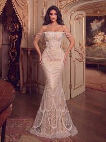 Elegant Cold Shoulder Beaded Sequin Mermaid Fitted Long Dress, Suitable For Photography, Beach Vacation, Resort, Evening Party And Formal Occasions - Champagne - View 6