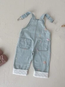 Baby Girls Infant Turn-Down Collar Petal Sleeve Top With Floral Embroidery Denim Overalls Lace Trim Spring Autumn Set - Baby Blue - View 6