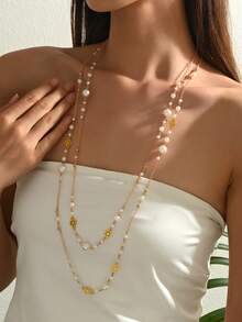 1 Set 2pcs Gentle Delicate Elegant Fairy Style Hollow Floral Pattern Asymmetrical Faux Pearl Gold Long Necklace Set Suitable For Women Daily Commute Party Evening Banquet Versatile Accessory - Gold - View 4