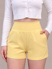 Celana Pendek Kasual Wanita Deybera Model Lurus Pinggang Tinggi, Kain Elastis Lembut, Dengan Saku Samping, Cocok Untuk Pemakaian Sehari-hari Dan Jalan-jalan Akhir Pekan - Kuning - View 3
