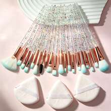 20Pcs Glitter Crystal Handle Makeup Brush Set With 3Pcs Triangle Powder Puffs, Soft Gradient Bristles Professional Cosmetic Brushes For Foundation Powder Eyeshadow Blending, Beginner Makeup Tool Kit - Multicolor - View 11