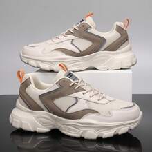 Men Contrast Piping Chunky Sneakers, Lace-Up Front Sneakers Valentines - Beige - View 3