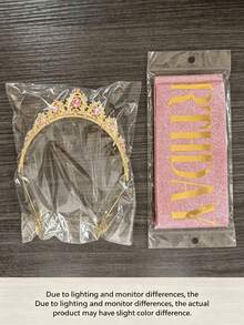 2pcs Birthday Crown And Sash Set With Single Pink Gold Lettering Sash, Happy Birthday Accessories, Gold And Pink, Birthday Headband Princess Hair Accessory, Birthday Party Gift - Multicolor - View 9