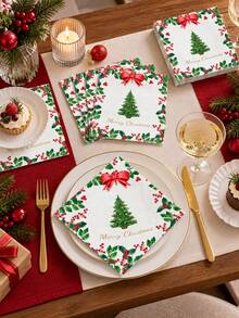 48/24/1pc Christmas-Themed Party Napkins, Disposable Christmas-Print Napkins, Christmas Decorations, Christmas Tree And Bow Patterned Napkins. Suitable For Christmas Parties, Table Settings, Holiday Dinners, And Themed Party Decorations. Can Be Used For Plating Or Wiping, Enhancing Table Aesthetics. Ideal For Christmas Decorations, Party Preparations, And Holiday Gifts. - Multicolor - View 3