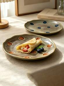 Piring Keramik Vintage Motif Polkadot Emboss 3D, Piring Saji Dessert dan Salad dengan Tepi Bergelombang Asimetris Bergaya Rustik Glazed, Piring Porselen Buatan Tangan Cocok untuk Meja Makan dan Pajangan Perhiasan - MultiWarna - View 4