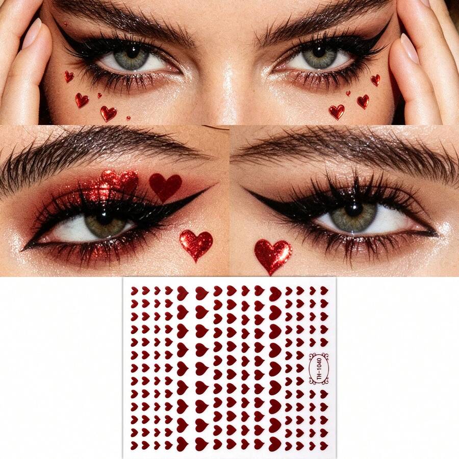 1pc Glitter Red Heart Face Stickers, Self Adhesive Small Heart Eye Makeup Stickers, Valentine Day Rave Festival Party Temporary Face Gem Stickers For Women Makeup Decor - Red - View 1
