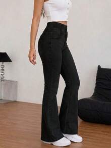 Women's Single-Breasted Slim Fit Stretchy Flare Leg Jeans - Black - View 4