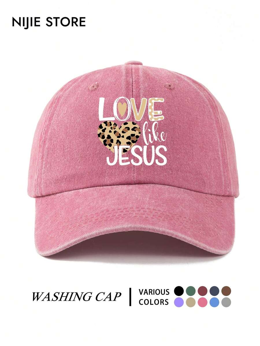 1pc "LOVE Like JESUS" Letter Print Leopard Heart Pattern Adjustable Washable Baseball Cap, Fun Vintage Style, Gift For Men, Women, Dad, Husband, Colleagues, Lightweight Comfortable Sun Protection Multi-Functional Baseball Cap, Unisex Baseball Cap, Suitable For Daily Wear, Commuting, Outdoor Activities And Decoration - A - View 1