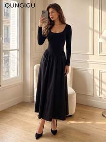QUNGIGU Elegant Women Square Neck Maxi Dress Long Sleeve Cinched Waist Flared Hem For Fall Winter Going Out Dating Daily Wear - Black - View 3
