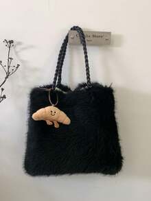 Cartoon Pendant Decor Detail Atmosphere Shoulder Bag With Braided Strap, Vintage Casual Tote Bag, Versatile Handbag For Daily Commute And Travel - Black - View 9