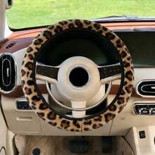 1pc Winter Warm Hand Faux Mink Fur Fabric Leopard Print Long Plush Steering Wheel Cover Without Inner Ring, Suitable For 14.5-15 Inch Car Interior Accessories - A - View 17