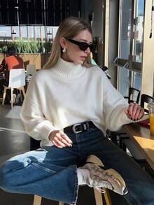 Fall/Winter Casual High Neck Knit Pullover Sweater, Elegant Going Out Business Loose Fit Top - Apricot - View 1